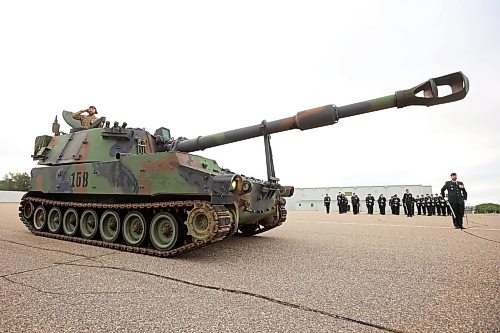20082026
A tank passes by dignitaries during the 1st Regiment, Royal Canadian Horse Artillery change of command ceremony at CFB Shilo on Thursday. Lieutenant-Colonel Patrick Knox assumed command as the new Commanding Officer of 1 RCHA during the ceremony.
(Tim Smith/The Brandon Sun)