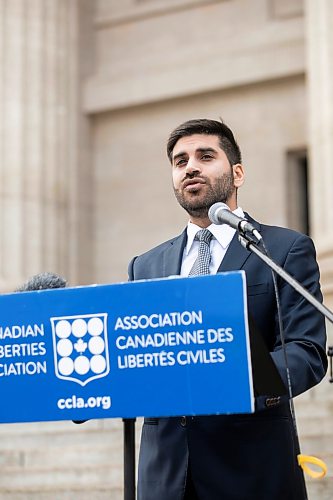 MIKAELA MACKENZIE / FREE PRESS
Shakir Rahim, director of the Criminal Justice program at the Canadian Civil Liberties Association, speaks to the media outside of the Manitoba legislature on Thursday, Aug. 20, 2026.
For Carol story.
Free Press 2026