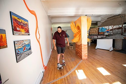 MIKAELA MACKENZIE / FREE PRESS
	
Muralist, carpenter, graphic designer, and artist Peatr Thomas in his Exchange District space on Friday, Aug. 21, 2026.

For Conrad story.
Free Press 2026