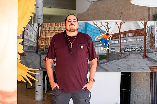 MIKAELA MACKENZIE / FREE PRESS
	
Muralist, carpenter, graphic designer, and artist Peatr Thomas in his Exchange District space on Friday, Aug. 21, 2026.

For Conrad story.
Free Press 2026