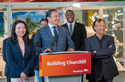ROBERT LEE / FREE PRESS
Wab Kinew, Premier of Manitoba, speaks at the press conference where the Manitoba government shared results of studies from the University of Manitoba, the Arctic Research Foundation and Fednav, Canada’s largest international dry bulk shipping company at the University of Manitoba on Friday, August 21, 2026.
(Left to right, from front): Jennifer Chen, MLA for Fort Richmond, Wab Kinew, Premier of Manitoba, Mike Spence, board chair, Arctic Gateway Group, Michael Benarroch, President and Vice-Chancellor of the University of Manitoba, Rebecca Chartrand, Federal Northern and Arctic Affairs Minister, and Jamie Moses, Minister of Economic Development.