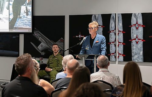 ROBERT LEE / FREE PRESS
CEO of the Royal Aviation Museum of Western Canada Peter George shares opening remarks at the reception for the iconic CC-130H Hercules that is standing down from service at the Royal Aviation Museum in Winnipeg on Friday, August 21, 2026.