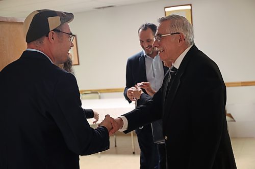 Progressive Conservative candidate for Brandon East Robert Blake shakes hands with Randall Massia, the only other nominee who contested against him, after the party’s nomination meeting at St Andrews Church (316 Russell St.) on Saturday afternoon. (Abiola Odutola/The Brandon Sun)