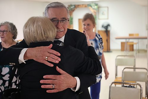 Progressive Conservative candidate for Brandon East Robert Blake hugs a supporter after the party’s nomination meeting at St Andrews Church (316 Russell St.) on Saturday afternoon. (Abiola Odutola/The Brandon Sun)