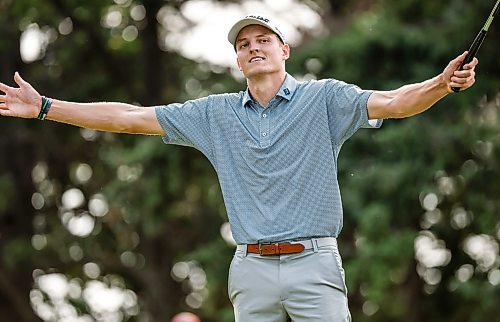JOHN WOODS / FREE PRESS
Daniel Svärd celebrates winning the playoff hole and championship against Adam Duncan in the Manitoba Open  at Elmhurst Golf Club Sunday, August 23, 2026. 

reporter: mike