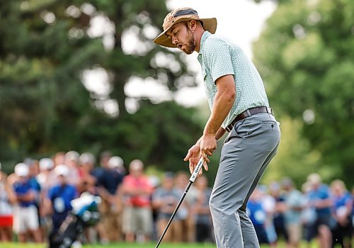 JOHN WOODS / FREE PRESS
Adam Duncan reacts to his putt on the playoff hole during the Manitoba Open final round at Elmhurst Golf Club Sunday, August 23, 2026.
reporter: mike