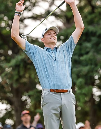 JOHN WOODS / FREE PRESS
Daniel Svärd celebrates winning the playoff hole and championship against Adam Duncan in the Manitoba Open at Elmhurst Golf Club Sunday, August 23, 2026.
reporter: mike