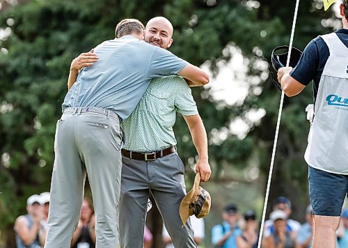 JOHN WOODS / FREE PRESS
Daniel Svärd, left, embraces Adam Duncan after Svard wins the playoff hole and the Manitoba Open at Elmhurst Golf Club Sunday, August 23, 2026.
reporter: mike