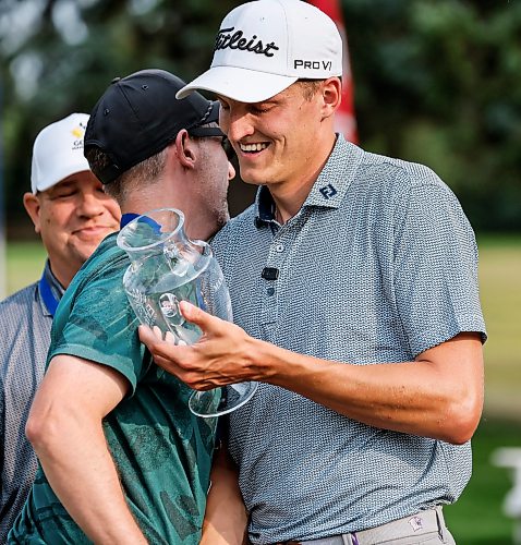JOHN WOODS / FREE PRESS
Daniel Svärd is presented with the trophy after defeating Adam Duncan in the Manitoba Open at Elmhurst Golf Club Sunday, August 23, 2026.
reporter: mike