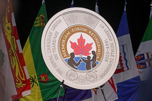 Ruth Bonneville / Free Press
LOCAL STDUP - mint coin
Photo of enlarged facsimile of the coin that was unveiled on stage Monday
The Royal Canadian Mint unveils a special two dollar coin into circulation in honour of the 100th anniversary of The Royal Canadian Legion at the RBC Convention Centre Monday.
The event took place during the Legion’s 50th Dominion Convention in Winnipeg, Manitoba, marking the Legion’s century of support for veterans, their families and communities,
Aug 24th,, 2026