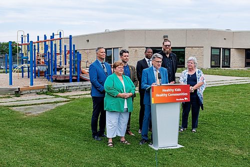 MIKE DEAL / FREE PRESS
Brian Mayes, councillor, City of Winnipeg, speaks during the press conference adding that the city will be putting $50,000 towards the new playground.
Jamie Moses, Minister of Business, Mining, Trade and Job Creation, announces that the province is investing $100,000 through the Healthy Kids, Healthy Communities Play Structure Fund to support the development of a new playground at Lavallee School in the Louis Riel School Division during a press conference held on the grounds of Lavallee School where the new playground will be built.
260824 - Monday, August 24, 2026.