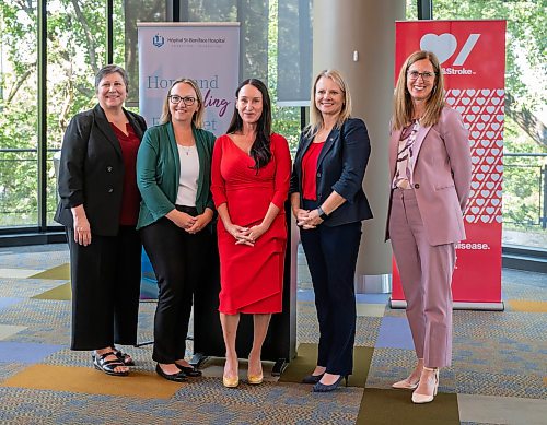 ROBERT LEE / FREE PRESS
(From left): Karen Fowler, President &amp; CEO of the St. Boniface Hospital Foundation, Jennifer Cleary, CEO of Research Manitoba, Dr. Shelley Zieroth, Heart &amp; Stroke, St. Boniface Hospital Foundation, and Research Manitoba Chair in Women's Clinical Heart Health Research, Christine Houde, Director of Health Policy &amp; Systems for Manitoba,
Heart &amp; Stroke, and Nicole Aminot, President &amp; CEO, St. Boniface Hospital at the I.H. Asper Institute in Winnipeg on Monday, August 24, 2026. 