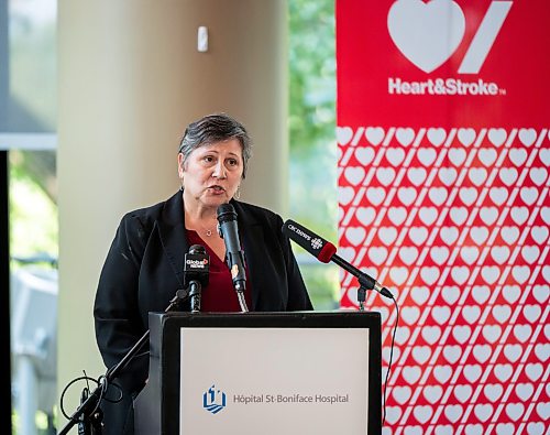 ROBERT LEE / FREE PRESS
President and CEO of St. Boniface Hospital Foundation Jennifer Cleary announces the appointment of Dr. Shelley Zieroth as Research Manitoba Chair in Women’s Clinical Heart Health Research at the I.H. Asper Institute in Winnipeg on Monday, August 24, 2026.