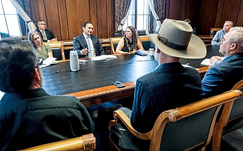 JOHN WOODS / FREE PRESS
Premier Wab Kinew meets with Manitoba business leaders, unions and indigenous leaders to discuss trade relations with the United States at the Manitoba Legislature Monday, August 24, 2026.
reporter: gabby