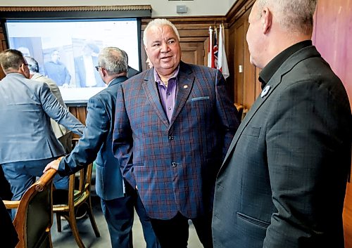 JOHN WOODS / FREE PRESS
Manitoba Metis Federation President David Chartrand joined Premier Wab Kinew as they met with Manitoba business leaders, unions and indigenous leaders to discuss trade relations with the United States at the Manitoba Legislature Monday, August 24, 2026. 

reporter: gabby