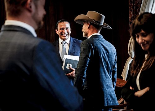 JOHN WOODS / FREE PRESS
Premier Wab Kinew talks with Matthew Atkinson, representing Manitoba Beef Producers and Canadian Cattle Association, after they met with Manitoba business leaders, unions and indigenous leaders to discuss trade relations with the United States at the Manitoba Legislature Monday, August 24, 2026. 

reporter: gabby