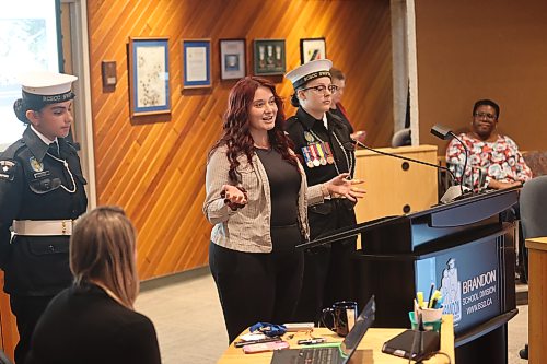 Royal Canadian Sea Cadet Corps 60 Swiftsure civilian instructor Chantel Mulholland (centre) talks to the Brandon School Division board of trustees during its general meeting Monday evening while corps members Rama Younes and Brooklyn Mulholland look on. (Abiola Odutola/The Brandon Sun)