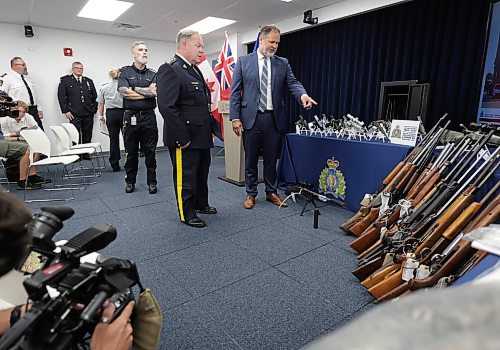 Ruth Bonneville / Free Press
Local RCMP presser
RCMP Supt. Jeff Asmundson and Manitoba Justice Minister Matt Wiebe look over the large amount of guns and drugs confiscated during a press conference at the RCMP HQ Tuesday. Manitoba RCMP released details about Project Dolar, an investigation lasting nearly two full years has resulted in a significant quantity of drugs and firearms being seized throughout Manitoba.
See story
Aug 25th,, 2026