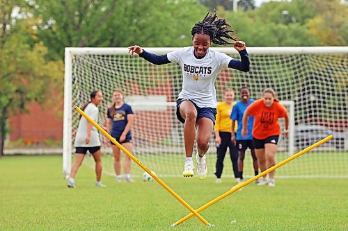 Keashae Masters takes part in a drill as the Brandon University Bobcats women’s soccer team go through pre-season training at the university on Tuesday morning. The Bobcats start their season on Sept. 12 with their home-opener. (Tim Smith/The Brandon Sun)