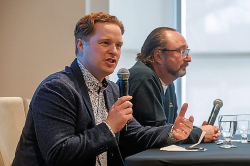 MIKE DEAL / FREE PRESS
Colin Hornby (left) from Keystone Agricultural Producers and Cam Dahl (right) from Manitoba Pork during a panel discussion at the Norwood Hotel, about agriculture policy concerns as a federal election looms.
Reporter: Aaron Epp
250318 - Tuesday, March 18, 2025.