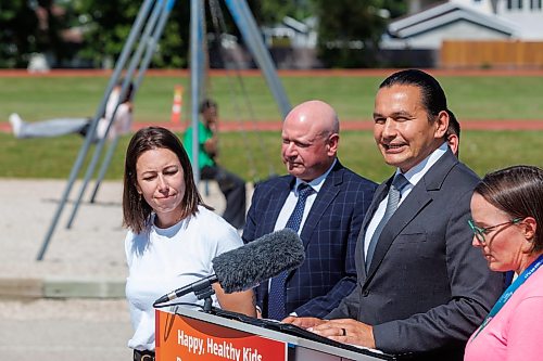 MIKE DEAL / FREE PRESS
Premier Wab Kinew announces that the government is introducing a pilot program for a new health and physical education curriculum that includes an a policy making in-person physical education mandatory for all students from kindergarten to Grade 12.
(From left): Alyson Gysel, co-president, Physical Health Educators of Manitoba; Dr. Brent Roussin, chief provincial public health officer; Premier Wab Kinew; and Noelle Depape, president and CEO, Boys and Girls Club Winnipeg.
The press conference held on the playground of Victor Mager School, included other stake holders who spoke; Dr. Brent Roussin, chief provincial public health officer; Jason Cline, superintendent, Rolling River School Division; Alyson Gysel, co-president, Physical Health Educators of Manitoba, and Noelle Depape, president and CEO, Boys and Girls Club Winnipeg.
Reporter: Maggie Macintosh
260827 - Thursday, August 27, 2026.
