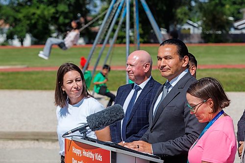 MIKE DEAL / FREE PRESS
Premier Wab Kinew announces that the government is introducing a pilot program for a new health and physical education curriculum that includes an a policy making in-person physical education mandatory for all students from kindergarten to Grade 12.
(From left): Alyson Gysel, co-president, Physical Health Educators of Manitoba; Dr. Brent Roussin, chief provincial public health officer; Premier Wab Kinew; and Noelle Depape, president and CEO, Boys and Girls Club Winnipeg.
The press conference held on the playground of Victor Mager School, included other stake holders who spoke; Dr. Brent Roussin, chief provincial public health officer; Jason Cline, superintendent, Rolling River School Division; Alyson Gysel, co-president, Physical Health Educators of Manitoba, and Noelle Depape, president and CEO, Boys and Girls Club Winnipeg.
Reporter: Maggie Macintosh
260827 - Thursday, August 27, 2026.