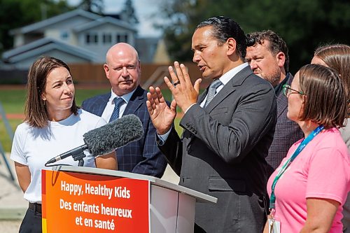 MIKE DEAL / FREE PRESS
Premier Wab Kinew and Education and Early Childhood Learning Minister Tracy Schmidt announces that the government is introducing a pilot program for a new health and physical education curriculum that includes an a policy making in-person physical education mandatory for all students from kindergarten to Grade 12.
The press conference held on the playground of Victor Mager School, included other stake holders who spoke; Dr. Brent Roussin, chief provincial public health officer, Jason Cline, superintendent, Rolling River School Division, Alyson Gysel, co-president, Physical Health Educators of Manitoba, and Noelle Depape, president and CEO, Boys and Girls Club Winnipeg.
Reporter: Maggie Macintosh
260827 - Thursday, August 27, 2026.