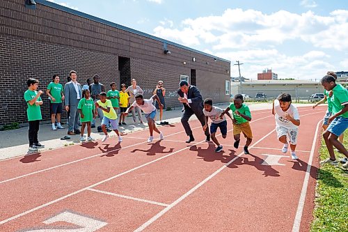 MIKE DEAL / FREE PRESS
Premier Wab Kinew runs a race with the kids from the BGC (Boys and Girls Club) of Winnipeg after the announcement.
Premier Wab Kinew and Education and Early Childhood Learning Minister Tracy Schmidt announces that the government is introducing a pilot program for a new health and physical education curriculum that includes an a policy making in-person physical education mandatory for all students from kindergarten to Grade 12.
The press conference held on the playground of Victor Mager School, included other stake holders who spoke; Dr. Brent Roussin, chief provincial public health officer, Jason Cline, superintendent, Rolling River School Division, Alyson Gysel, co-president, Physical Health Educators of Manitoba, and Noelle Depape, president and CEO, Boys and Girls Club Winnipeg.
Reporter: Maggie Macintosh
260827 - Thursday, August 27, 2026.