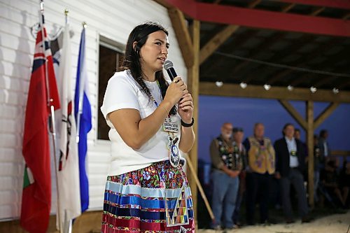 Birdtail Sioux Dakota Nation Chief Tréchelle Bunn speaks after the grand entry on Friday. (Tim Smith/The Brandon Sun)
