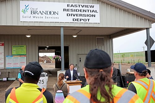 28082026
Brandon Mayor Jeff Fawcett speaks during the opening ceremony for the new Eastview Residential Diversion Depot at the Eastview Landfill Site on Friday. 
(Tim Smith/The Brandon sun)
