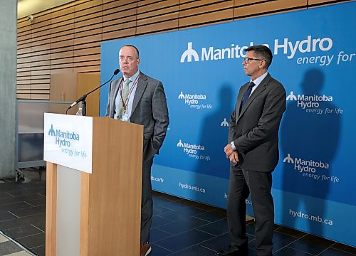 Ruth Bonneville / Free Press
LOCAL - Hydro
Manitoba Hydro’s current COO, Hal Turner and Board Chair Jamie Wilson, answer questions from the media in the main foyer of Manitoba Hydro Place Friday.
Manitoba Hydro announced today that Allan Danroth has left the utility for personal reasons after two years as the corporation’s President and CEO .
Hal Turner, the utility’s current Chief Operating Officer, will act as interim President and CEO effective immediately.
See story by Chris
Aug 28th,, 2026