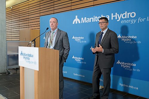 Ruth Bonneville / Free Press
LOCAL - Hydro
Manitoba Hydro’s current COO, Hal Turner and Board Chair Jamie Wilson, answer questions from the media in the main foyer of Manitoba Hydro Place Friday.
Manitoba Hydro announced today that Allan Danroth has left the utility for personal reasons after two years as the corporation’s President and CEO .
Hal Turner, the utility’s current Chief Operating Officer, will act as interim President and CEO effective immediately.
See story by Chris
Aug 28th,, 2026