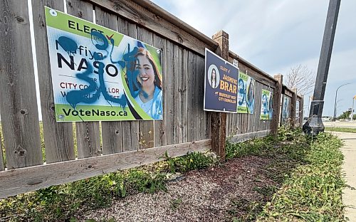 Scott Billeck / Free Press
Waverley West council candidate Nafiya Naso's signs are seen covered with spray paint on Saturday.