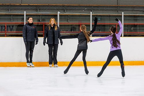 MIKE DEAL / FREE PRESS
Dana (right) and Marrin McKee (left), mother-daughter figure skating coach’s during a training session with young figure skaters, Kaylee Kirkpatrick (purple top), 13, and Makayla Heshka, 12, Thursday morning at Dakota Community Centre.
Marrin has been skating all of her life, growing up with her mother as her coach and continuing to compete nationally into her adult years. 
Reporter: Grace Penner 
260820 - Thursday, August 20, 2026.