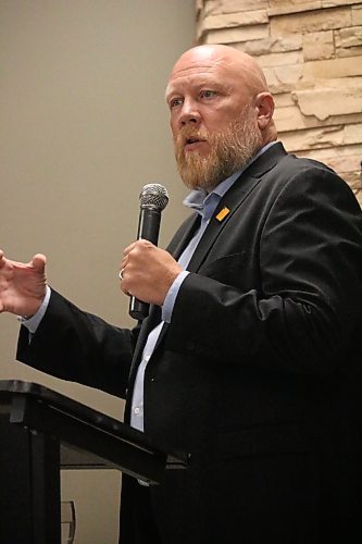 Coun. Tyson Tame (Ward 10) shares his reasoning for accepting the role as United Way Brandon and District 2026 fall campaign chair on Wednesday at the Keystone Centre. (Rylee Gerrard/The Brandon Sun)