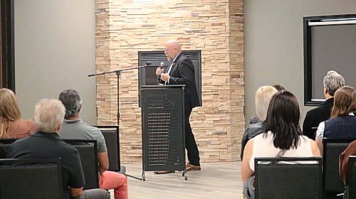 Tyson Tame speaks to a crowd of people at a United Way event, where he was named 2026 campaign chair, at the Keystone Centre on Wednesday. (Rylee Gerrard/The Brandon Sun)