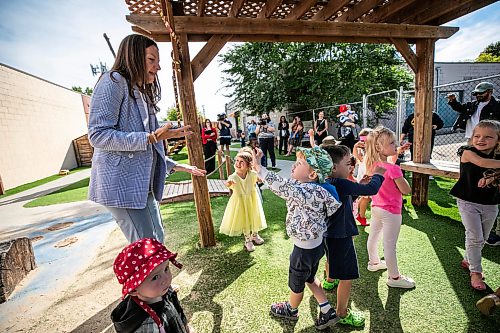 MIKAELA MACKENZIE / FREE PRESS
	
Minister Tracy Schmidt dances with children after making a child care announcement at Panda Bear Day Care on Wednesday, Sept. 2, 2026.

For Nicole story.
Free Press 2026