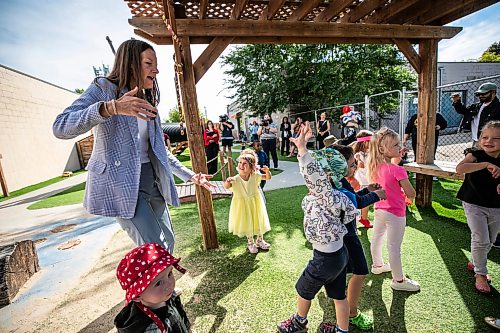 MIKAELA MACKENZIE / FREE PRESS
	
Minister Tracy Schmidt dances with children after making a child care announcement at Panda Bear Day Care on Wednesday, Sept. 2, 2026.

For Nicole story.
Free Press 2026