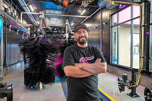 BROOK JONES/FREE PRESS
Flamingo Express Car Wash, which leans into the flamingo and tropical aesthetics, at 868 Regent Ave. West in Transcona opened on Aug. 19, 2026. Co-owner Kyle Thompson is pictured inside the car wash conveyor tunnel on Thursday, Sept. 3, 2026.