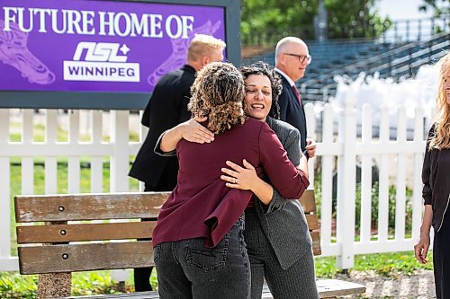 MIKAELA MACKENZIE / FREE PRESS
	
Desiree Scott (left) hugs minister of sport Nellie Kennedy at the announcement of the Northern Super Leagueճ future home pitch at the Ralph Cantafio Soccer Complex on Tuesday, Sept. 8, 2026.

For Taylor story.
Free Press 2026