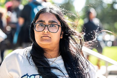 MIKAELA MACKENZIE / FREE PRESS
	
UMSU president Heaven Kuar at a rally pushing to ban the Dominion Society from campus at the University of Manitoba on Wednesday, Sept. 9, 2026.

For Maggie story.
Free Press 2026