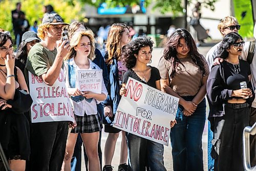 MIKAELA MACKENZIE / FREE PRESS
	
A rally pushing to ban the Dominion Society from campus takes place at the University of Manitoba on Wednesday, Sept. 9, 2026.

For Maggie story.
Free Press 2026