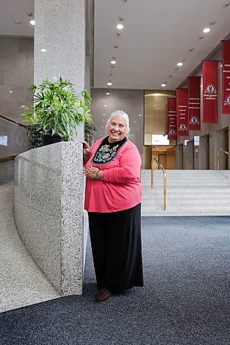 Ruth Bonneville / Free Press

ENT - Metis / Main

Portrait of  Minister Barbara Fleury, the Minister of Culture, Heritage, and Michif Language for the Manitoba Métis Federation (MMF), inside the foyer of 333 Main Street, 

What: Profile of the MMF's Bank of Montreal transformation 

Reporter: Conrad Sweatman 

Sept 2nd.,   2026