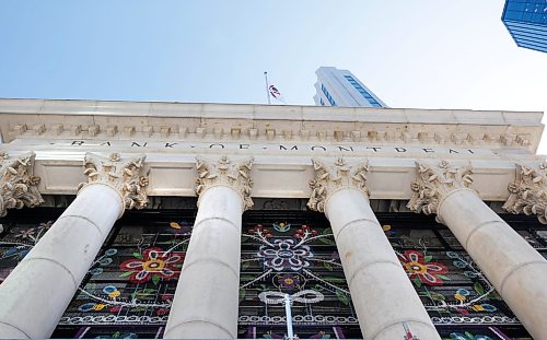 Ruth Bonneville / Free Press

ENT - Metis / Main

Photo of the  massive metal chain screen featuring a traditional floral Métis beadwork design is being installed on the facade of Winnipeg's historic Bank of Montreal building at Portage and Main.

The Artist: Created by renowned Red River Métis artist Jennine Krauchi.


Reporter: Conrad Sweatman 

Sept 9th,   2026