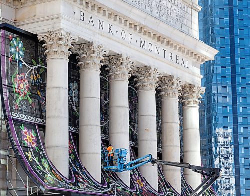 Ruth Bonneville / Free Press
ENT - Metis / Main
Photo of the massive metal chain screen featuring a traditional floral Métis beadwork design is being installed on the facade of Winnipeg's historic Bank of Montreal building at Portage and Main.
The Artist: Created by renowned Red River Métis artist Jennine Krauchi.
Reporter: Conrad Sweatman
Sept 9th, 2026