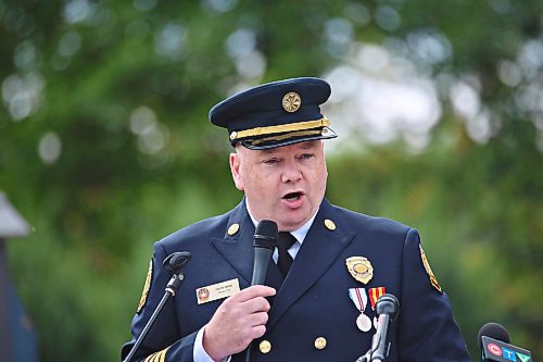 Jason Shaw, deputy fire chief of Winnipeg, provides the keynote speech during a memorial service. (Matt Goerzen/The Brandon Sun)