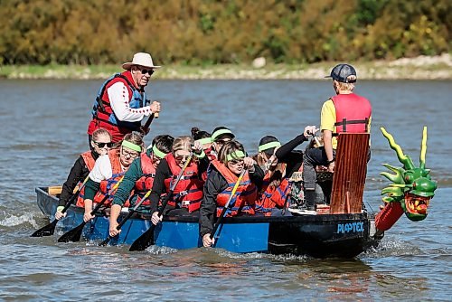 JOHN WOODS / FREE PRESS
The Paddling Gals turn a corner as they compete in the September Dragon Boat Festival at the Manitoba Canoe and Kayak Centre Sunday, September 13, 2026. The event along with dragon boat racing and a training event for some national athletes is a fundraiser for Never Alone Cancer Foundation.
reporter: standup