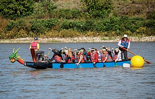 JOHN WOODS / FREE PRESS
The Paddling Gals turn a corner as they compete in the September Dragon Boat Festival at the Manitoba Canoe and Kayak Centre Sunday, September 13, 2026. The event along with dragon boat racing and a training event for some national athletes is a fundraiser for Never Alone Cancer Foundation.
reporter: standup