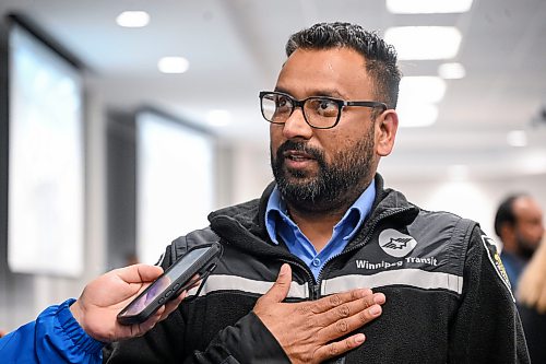 Mike Sudoma/Free Press
Transit Operator Hardeep Dhaliwal voices his concerns of the current Winnipeg Transit Climate during the ATU Mayoral Debate at Union Centre held by the Amalgamated Transit Union Monday evening
September 14, 2026