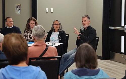 Former chief provincial public health officer Dr. Michael Routledge spoke to seniors during the healthy aging panel. Other panelists pictured (from left) are; Mark Mecure, geriatric pharmacist; Megan Maksuta, physiotherapist specializing in geriatric rehabilitation; Amanda McPherson, a retired Indigenous nurse. (Rylee Gerrard/The Brandon Sun)